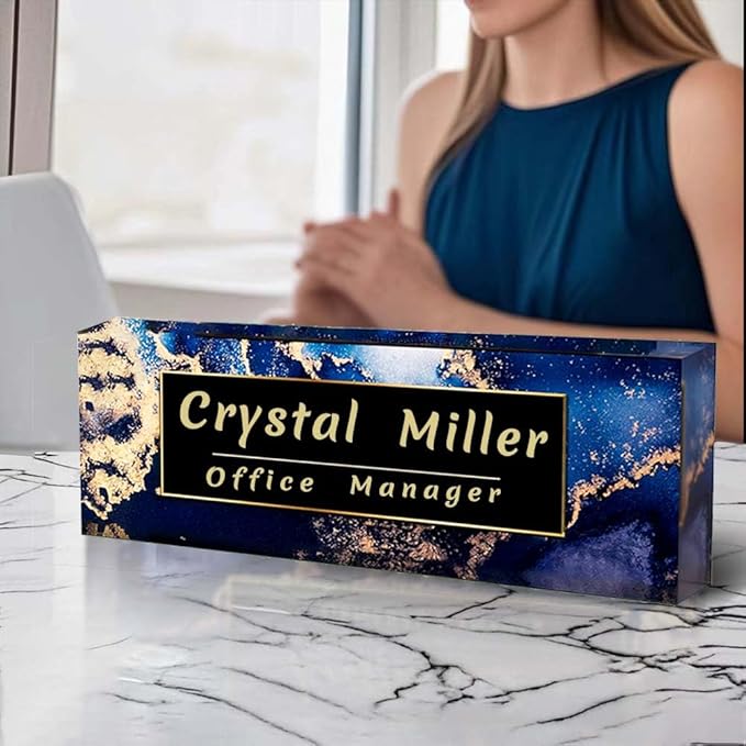 Office Desk Name Plate Personalized, Custom Plates for Desks on Acrylic Glass, Decor Nameplate, Accessories, Personalized Gift Boss Coworkers (Black Marble),(731)