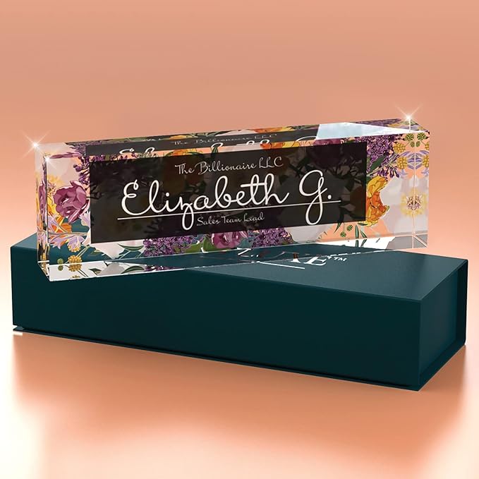 Desk Name Plate Personalized, Custom Name Plates 2½/x8 Inches, Thick Crystal-Clear Acrylic, Gift Box, Office Desk Decor. USA Made by ACRYLUXE (Vaseful)