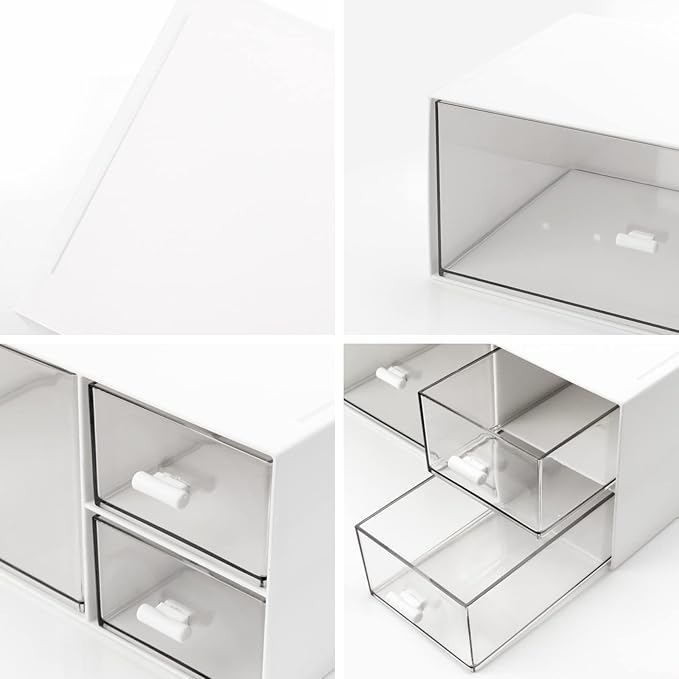 Desk Organizer Stackable Storage Drawers with 3 Compartments Stackable Drawers Great for Desk Storage, Makeup Storage Bathroom Organization Accessories Etc (White)