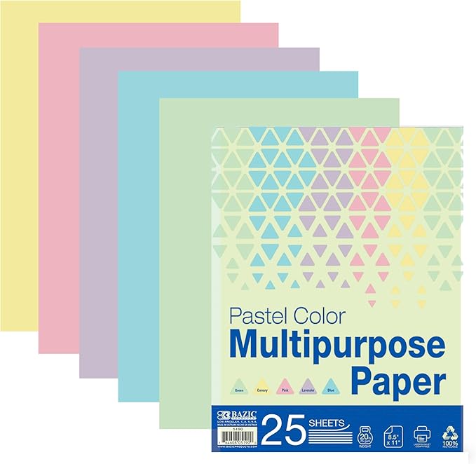 BAZIC Products Blank Paper Copy & Multipurpose Paper 8.5" x 11" – 25 Sheets Pastel Color Printer Paper for Inkjet, Laser, and Fax Machines – Printing Paper for Office, School, and Crafts, 1-Pack