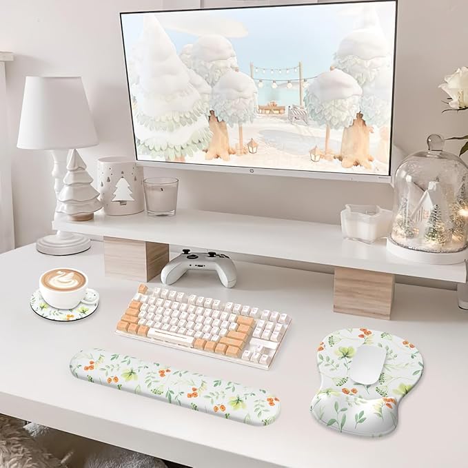 Mouse Pad with Wrist Rest, 3-in-1 Premium Lycra Fabric Memory Foam Ergonomic Wrist Support for Keyboard, Laptop & Desktop, Pain Relief Mousepad with Non-Slip PU Base for Office & Home (Elegant Flower)