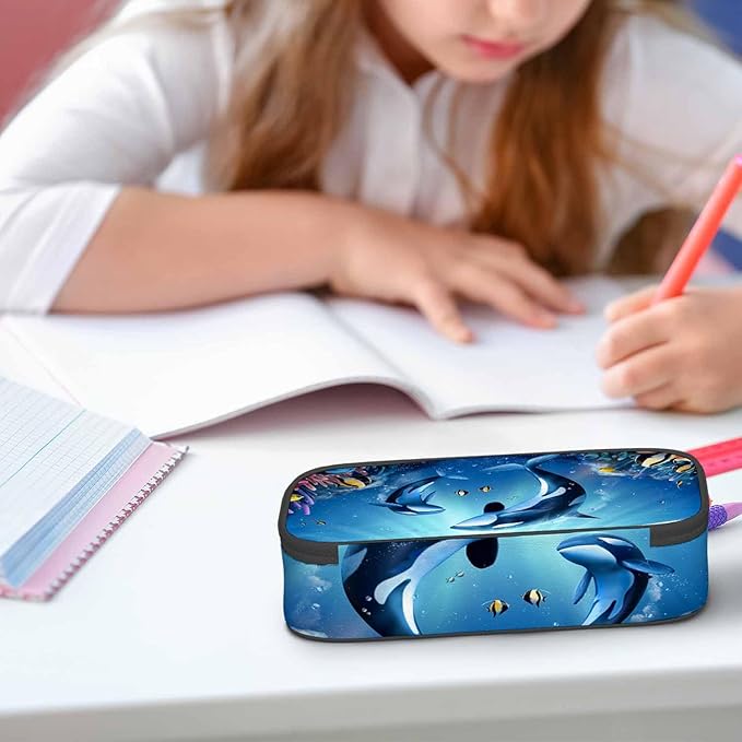 Blue Whales Pencil Case Sea Fish Dolphin Coral Reefs Tropical Fish Marine Pencil Bag Pen Markers Pouch Holder Organizer for Boy Girl School Students