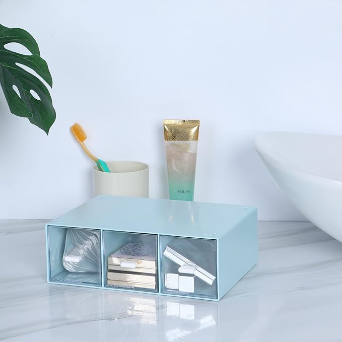 Desktop Drawers, Desk Organizer with 3 Drawers, Stackable Plastic Storage Box for Home Collection, Cosmetics, Office Supplies (1 Tall Layer, Blue)