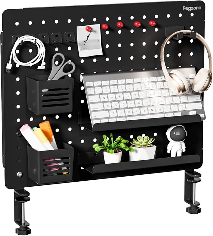 PEGZONE Clamp-on Desk Pegboard, Desk Organizer for Office Gaming Home, Magnetic Metal Peg Board with 15 Accessories, Privacy Panel for Office, 20.4" x 16.5", Large, Black