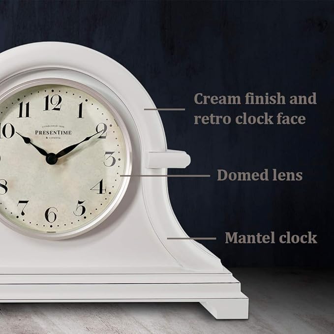 Presentime & Co. Mantel Clock Vintage Farmhouse Series, Napoleon Desk & Shelf Clock, 13 x 10 inch, Domed Lens, Quartz Movement, ABS Plastic Case, Gray Cream Finish (Home/Tabletop Decoration)
