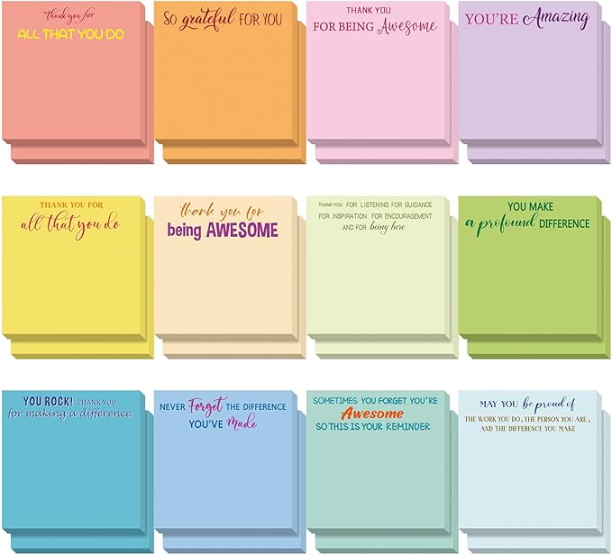 Yinder 24 Pcs Employee Appreciation Sticky Notes New Year Gift Bulk Motivation Sticky Note Pads Inspirational Gift for Teacher Nurse Staff Coworker Office Supply 3 x 3'' (Appreciation,Colorful)