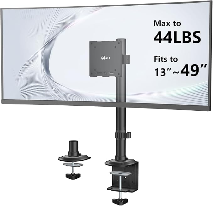WALI Heavy Duty Single Monitor Arm Desk Mount for 13-49 Inch Screens, Ultrawide Monitor Stand with Full Motion Tilt, Swivel, Rotation, Holds up to 44 lbs, C-Clamp Mount for VESA 75/100mm,(M001S)