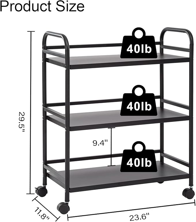 DCLRN 3 Tier Rolling Cart with Lockable Wheels Sturdy Construction,Solid Shelves,Recessed Screw Holes Ideal for Kitchen and Home Storage Size:23.6" Dx11.8 Wx29.5 H(Black)