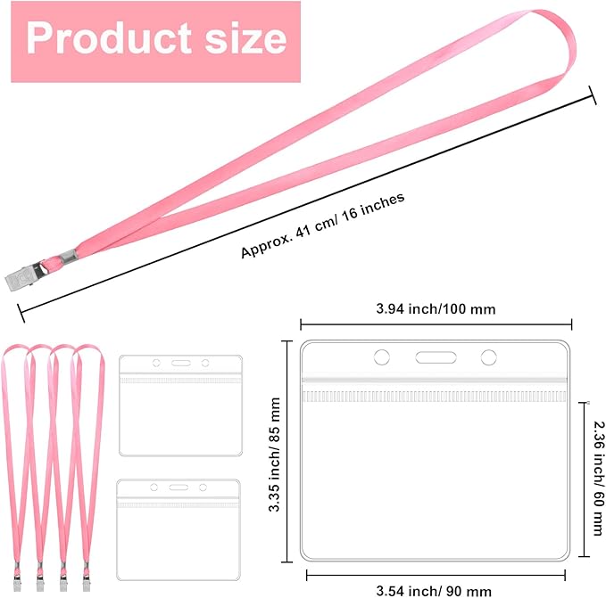 100 Pcs Lanyards for ID Badges and 100 Pcs Clear Name Tag Holders Reusable Lanyard with Clip Plastic ID Card Badge Holder Name Badges for Adults Kids Business School Office Supplies (Pink)