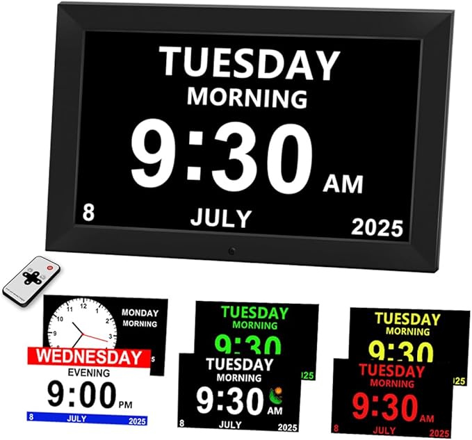 Digital Alarm Clock for Seniors - No-Abbreviation Date HD Display Auto Dimming Photo FrameWhite Noise DST Adjustment, Ideal Gift for Elders (10inch Black)