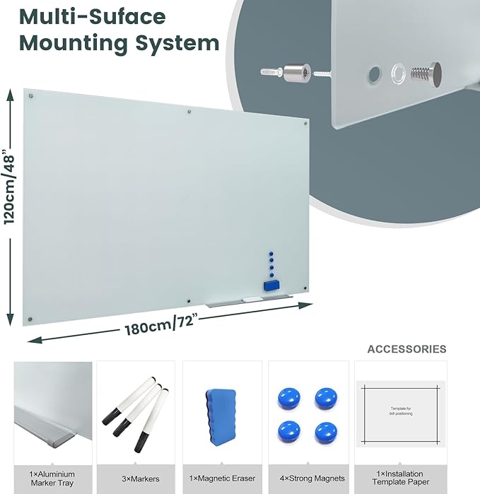 Magnetic Frosted Glass Whiteboard 48"x72" Glass Dry Erase Board 48"x72" Wall Mounted Frameless White Glassboard for Office School Home Shop