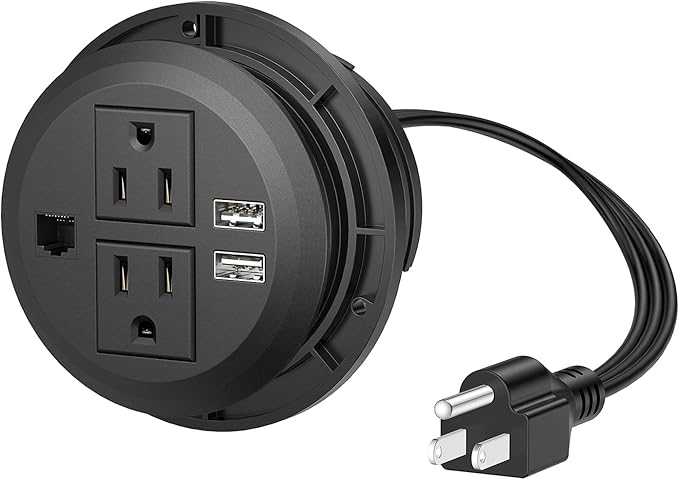 Desktop Power Grommet 3 inch, Desk Power Outlet Socket Recessed Power Strip with 2 AC Outlet & 2 USB Ports for Computer, Table, Kitchen, Office