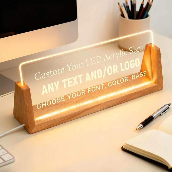 Personalized LED Name Plate for Desk, Light Up Acrylic Office Decor Desk Name Plate with Wooden Base, Custom Name Logo Quote, Appreciation Gifts for Boss Coworkers Employee Women Men (Your Words)