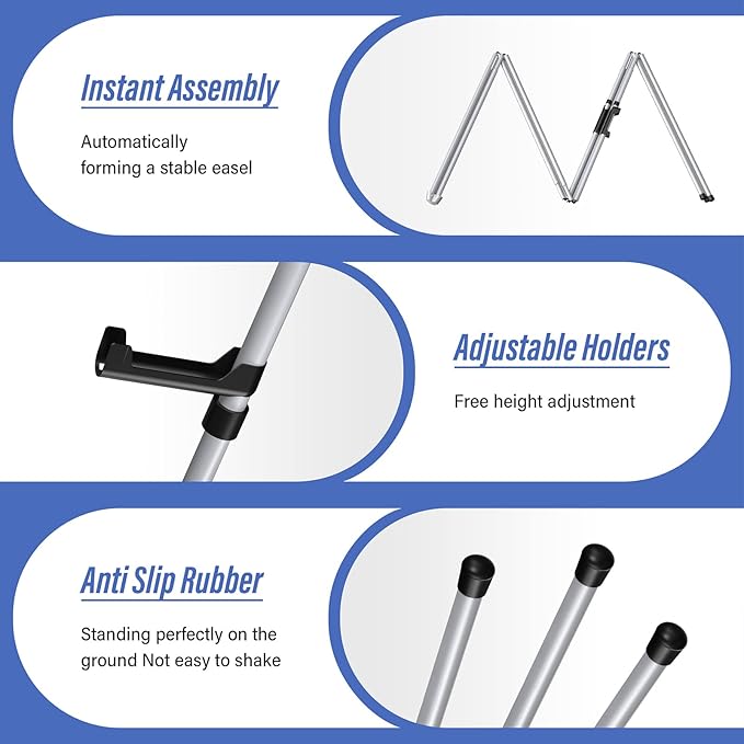 Display Silver Easel Stand - 63" Artist Instant Tripod Collapsible Portable Floor Easel - Adjustable Art Poster Easy Folding Metal Stand for Display Show, Wedding, Painting
