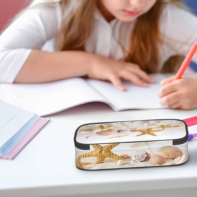 Starfish Seashells Pencil Case Sand Beach Summer Pencil Bag Pouch Box Organizer for College Student Teen Adults