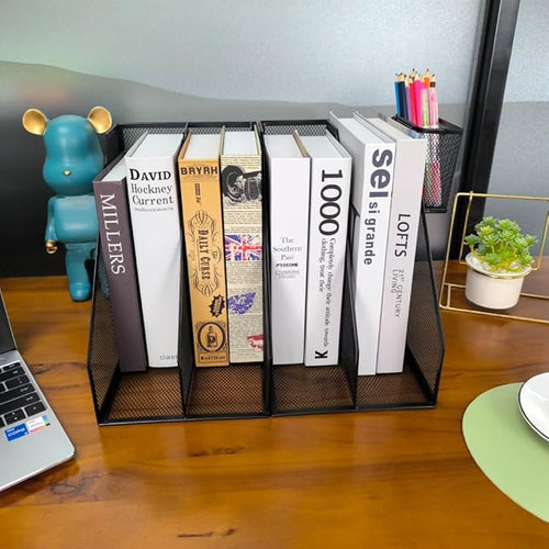 2 Set Desk Organizers, Metal Desk Magazine File Holder and 1 Pen Holder, 2 Compartments Mesh File Holder, Mesh Desktop Organizer and Storage,Black