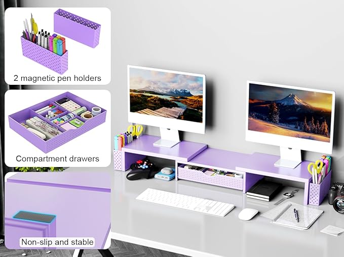 Spacrea Metal Desk Organizers and Accessories, Dual Monitor Stand Riser with Drawer and 2 Pen Holders, Desk Accessories & Workspace Desktop Organizers for Office Supplies (Purple)