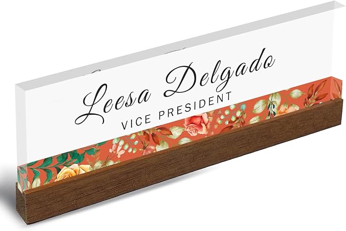 Artblox Personalized Office Desk Name Plate and Business Card Holder | Clear Acrylic Glass with Teak Wood Stand | Flower Stripe Design Customized with Your Name and Credentials Office Desk Décor