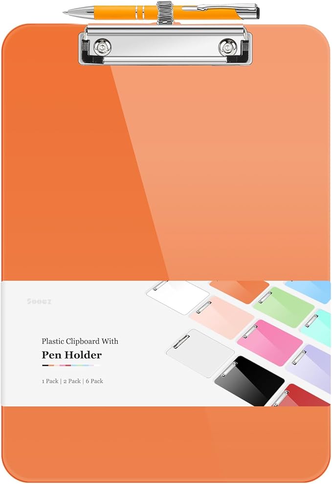 Sooez Plastic Clipboard with Pen Holder, [10% Thicker] Clip Boards 8.5x11 with Low Profile Clip, Cute Hanging Clipboard, Standard Letter Size A4 for Women Teacher, Office & School Supplies