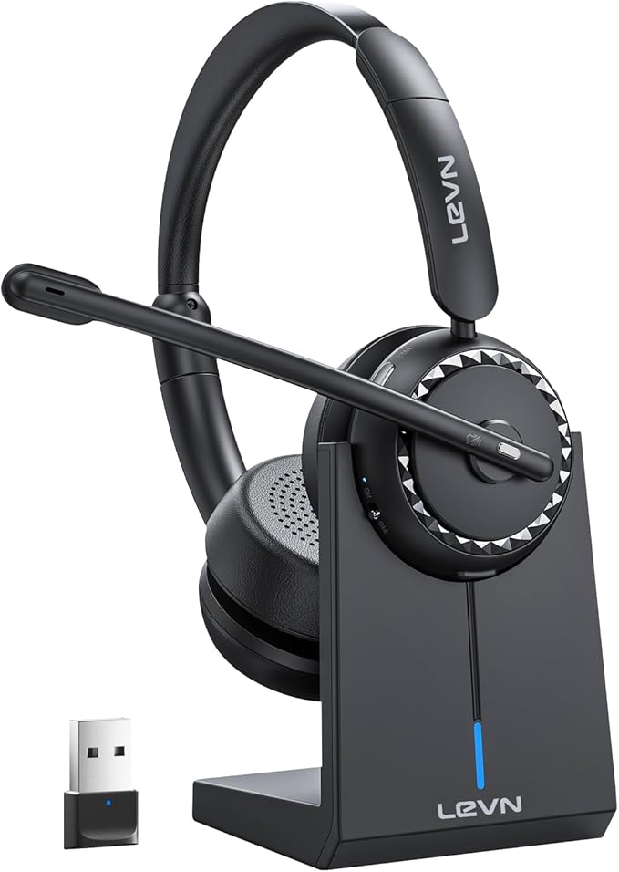 LEVN Wireless Headset, Wireless Headset with Mic for Work, AI Noise Cancelling, 65 Hrs Working Time, Bluetooth Headphones with Microphone from Computer/Call Center/Teams