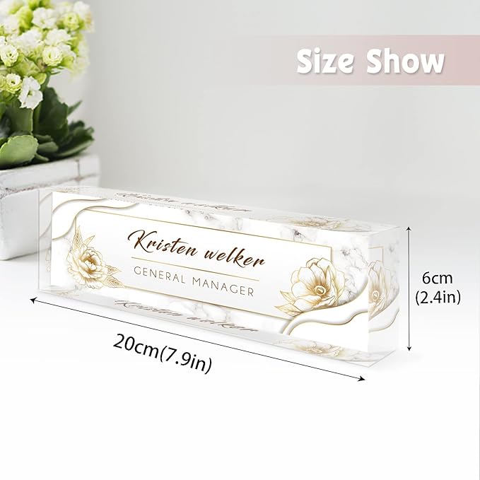 Personalized Office Name Plate for Desk, Custom Employee Appreciation Gifts, Acrylic Desk Name Plate Funny, Desk Decorations Gift, Acrylic Desk Ornaments… (White Marble Flowers)