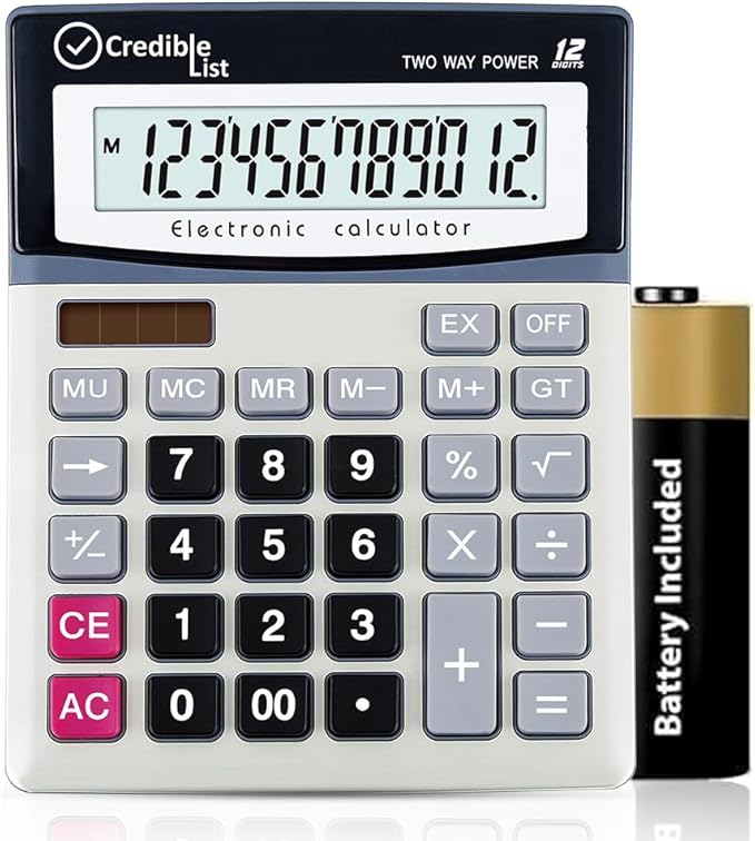 Large Calculator with 12 Digit Display, Eye-Angled Screen, Large Buttons and Dual Power Source for Home and Office Use