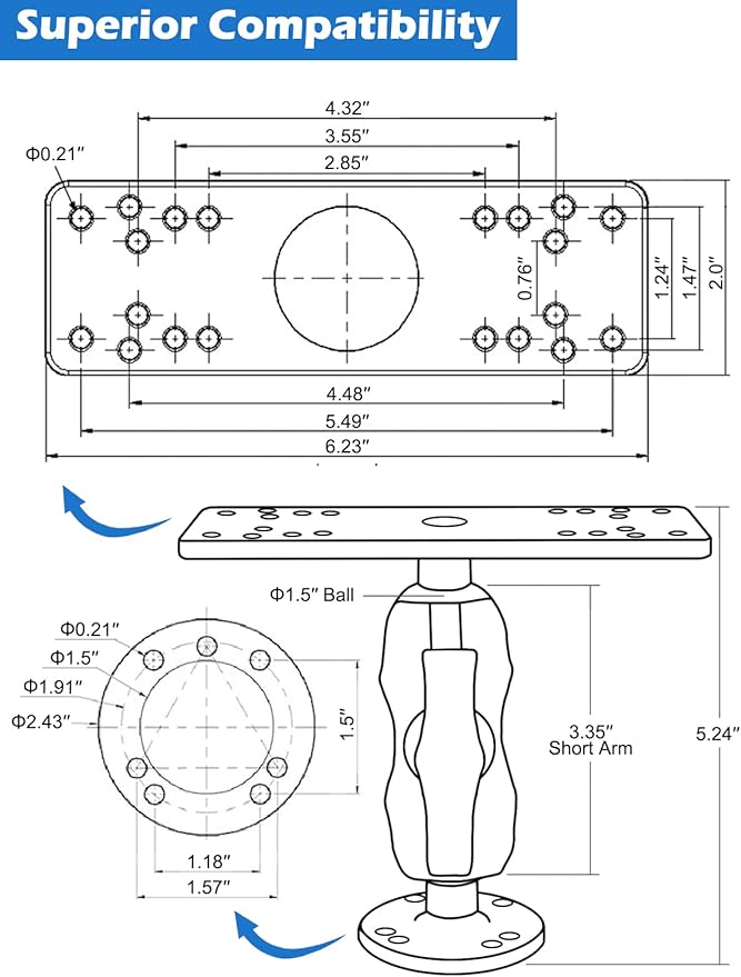 1.5" Ball Short Arm Fish Finder Mount, Marine Electronic Mount, Universal Mounting Plate with 1.5 inches / 38mm / C Size Ball Adapters, Compatible with Garmin, Lowrance, Humminbird and More