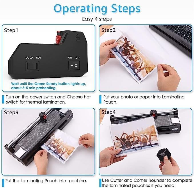 Laminator Machine for A3/A4/A6, YE381 Thermal Laminating Machine for Home Office School Use with 100 Pouches, Paper Trimmer and Corner Rounder