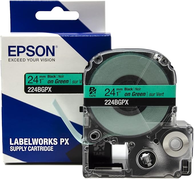 Epson LABELWORKS 224BGPX Genuine PET (Polyester) Tape Cartridge - Black on Green Label Maker Tape - 1" (24MM) Wide, 30'