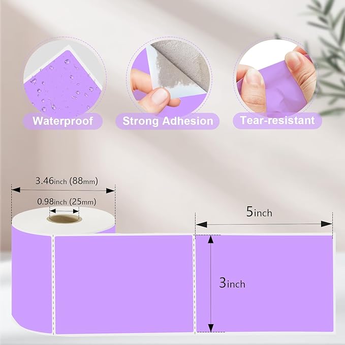YOULAISHI 3 X 5 Inch Printable Waterproof Rectangle Color Coding Labels, 300 Per Roll Adhesive Color Coding Stickers for Bar-Codes, Address, Small Business Labeling, Inventory (Light Purple)