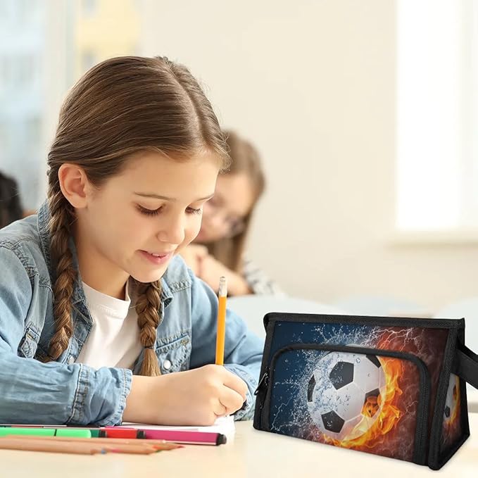 Pardick Large Capacity Pencil Case Pouch, Water Fire Soccer Portable Zipper Pencil Cases Pencil Bag Office Stationery Bag Makeup Bag Desk Organizer for Women Men