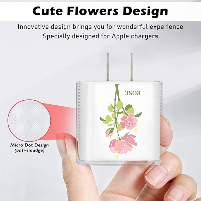 Flowers DIY Cable Protector for iPhone 18W/20W Charger,Pink Rose Pretty Design Transparent Data Line Cable Saver Phone Charging Protector for Apple Charger Case