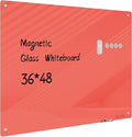 Magnetic Glass Whiteboard - 48"x36" Frameless Dry Erase Board for Walls, Red