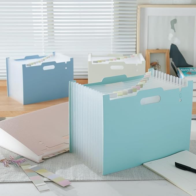 Y YOMA 2 Pack Accordion File Organizer with Handle 12 Pockets Expanding File Folder with Removable Tabs for A4 Letter Size Paper Portable Plastic Filing Organizer Bill Receipt Holder, Mint Green