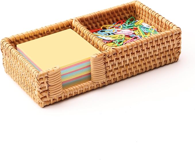 3 x 3 Inch Sticky Note Holder,Rattan Post It Note Dispenser,2 Slot Sticky Note Dispenser,Wicker Post It Holder for Home Office Desk Decor,Honey Brown