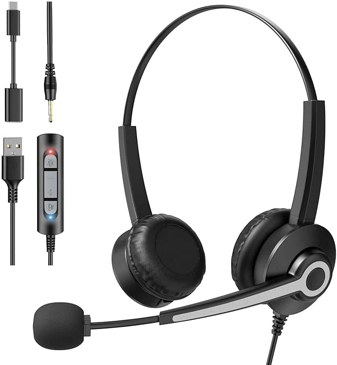 Voistek USB Headset with Microphone for Laptop/PC, Wired Business Headphones with Noise Cancelling Mic, in-Line Volume Control for Call Center,Work from Office Home, Teams, Zoom, Skype
