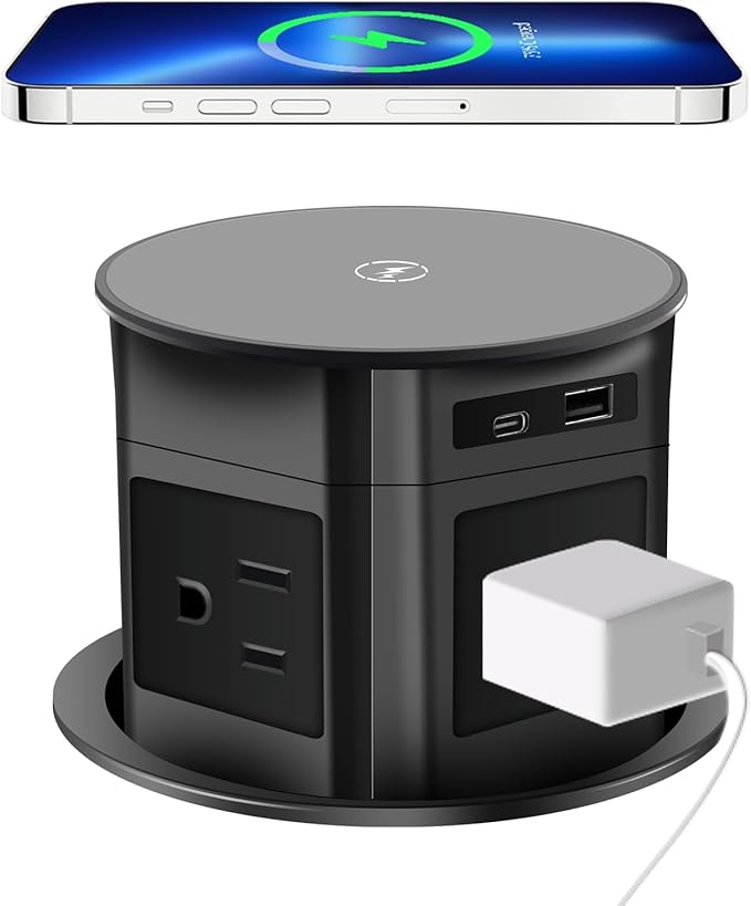Pop Up Outlet; 15W Wireless Charger, 4 Outlets 1875W USB-A/C PD20W Super Charging 6.5FT 16AWG Cable 3.86 inch Desk Hole Pop Up Power Outlet for Kitchen Countertop,Office Table (Black)