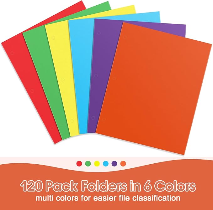 TooyBing Folders with Pockets, 2 Pocket Folders Bulk (120 Pack, Assorted Colors), 3 Hole Punched with Business Card Slot, Letter Size, Paper File for School Office Home
