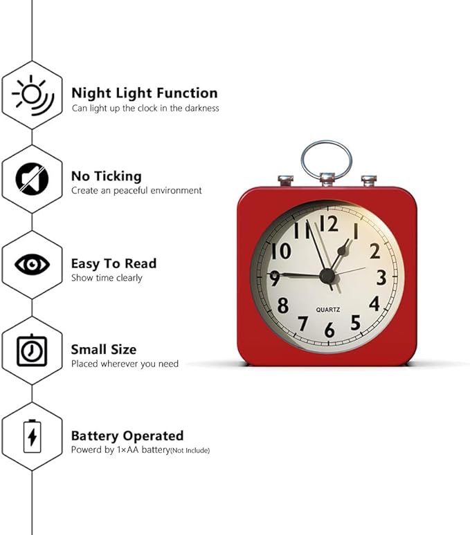 AYRELY® Battery Operated Alarm Clock,Small Retro Table Clock,Slient Metal Desk Clock with Light for Living Room Decor,Bedroom,Bedside,Shelf (Red)