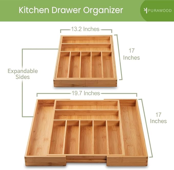 Bamboo Drawer Organizer, 2 Pack - Expandable Silverware Organizer & Utensil Drawer Organizer, Cutlery Tray with Dividers, 7-9 Slots- Premium Kitchen Organizer for Utensils & Flatware (Natural)