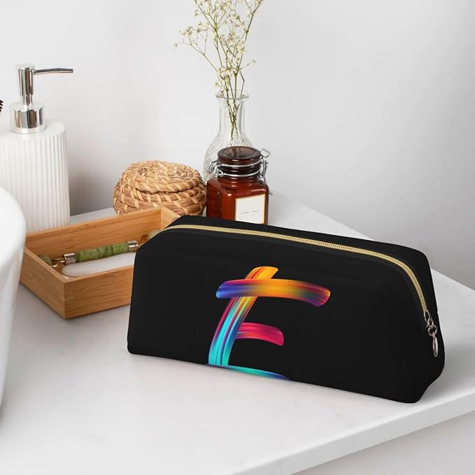 Cute Initial Pencil Case for Kids Simple Leather Pencil Pouch for Boys Girls Letter Design Pencil Box Pen Bag Pencil Pouch Office Stationery Organizer, Rainbow Letter E