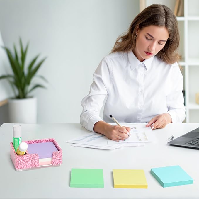 Sticky Note Holder with Pen Slot, Glitter Pink Acrylic Notepad Holder 3x3 in Self-Stick Note Dispenser Office Desk Accessories, Memo Pad Holder Organizer for Classroom School Supplies
