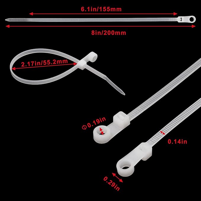 Zip Ties with Screw Hole 8 inch, 150 Pcs Mountable head Cable Tie Multipurpose Heavy Duty Nylon Zip Tie for Indoor and Outdoor (8 inch -White)