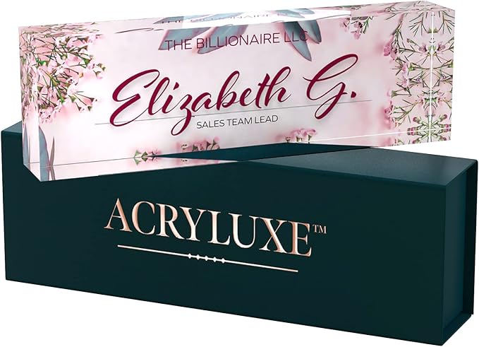 Desk Name Plate Personalized, Custom Name Plates, 2½/x8 Inches, Thick Crystal-Clear Acrylic, Gift Box, Office Desk Decor. USA Made by ACRYLUXE (Glowing)