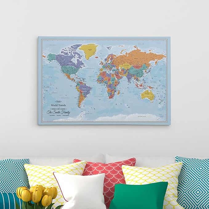 Push Pin Travel Maps Gallery Wrapped - Blue Oceans World with pins