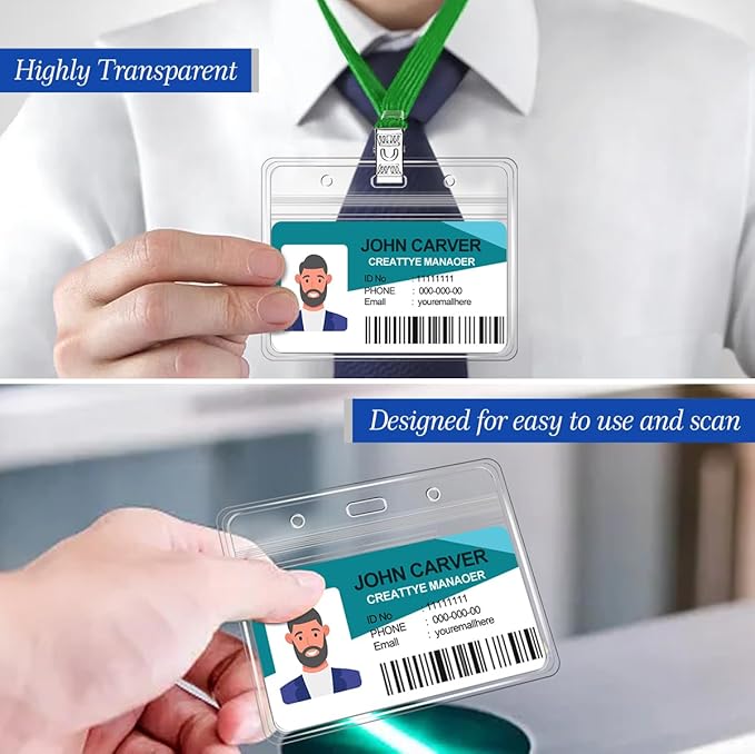 100 Pcs Clear Horizontal Badge ID Card and 100 Pcs Lanyard, Reusable Lanyards for Id Badge Holder Name Tag Badge Holder with Lanyards for Adults Kids Business School Conferences (Green)