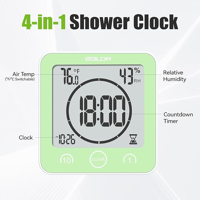 Baldr Shower Clock Waterproof Bathroom Clock with Timer/Temperature/Humidity, Digital Timers for Kids and Adults, Bath Kitchen Study, Green