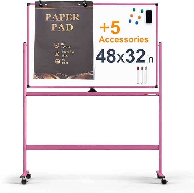 Large Dry-Erase Rolling Magnetic Whiteboard - 48 x 32 Inches Dry Erase Board with Stand Height Adjust Double Sides Mobile White Board Easel on Wheels with 25 Sheets Paper Pad Office, Home & Classroom