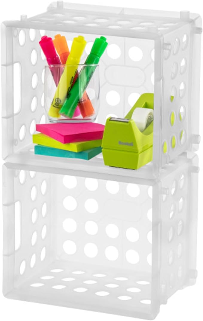 Sterilite Mini Crate, Stackable Plastic Storage Bin with Handles, Organize Home, Garage, Office, School, Dorm Room, Clear, 24-Pack
