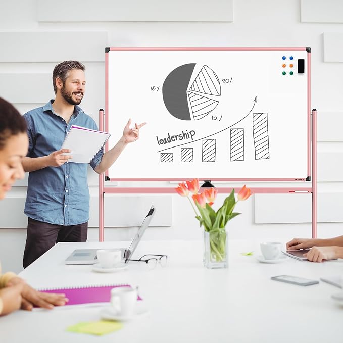 Large Dry-Erase Rolling Magnetic Whiteboard - 48 x 32 Inches Dry Erase Board with Stand Height Adjust Double Sides Mobile White Board Easel on Wheels with 25 Sheets Paper Pad Office, Home & Classroom